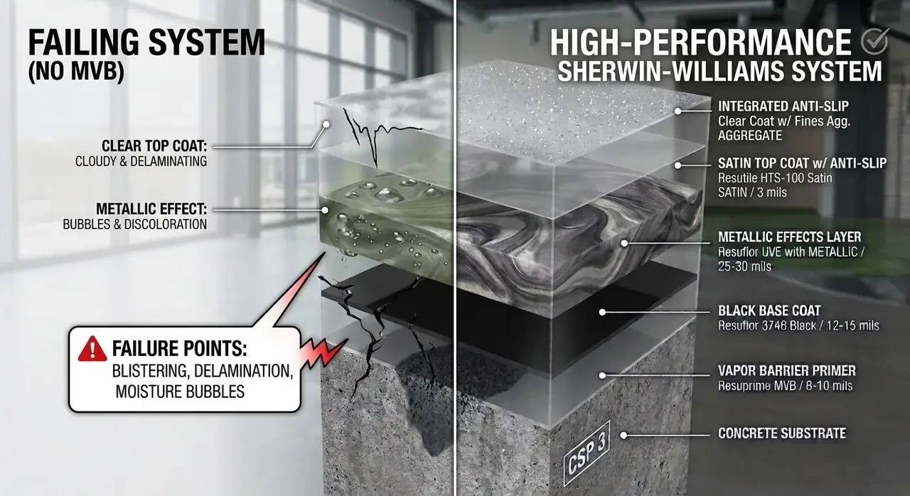 Comparison of a failing floor coating without a moisture-vapor barrier and a high-performance Sherwin-Williams layered flooring system